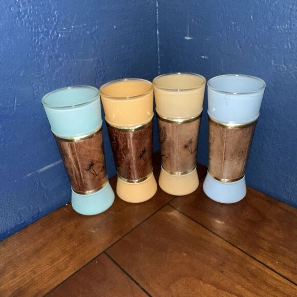 Vintage MCM Siesta Ware Tiki Bar Glasses Mahogany Wood Wrapped Set Of 4 - Picture 3 of 8